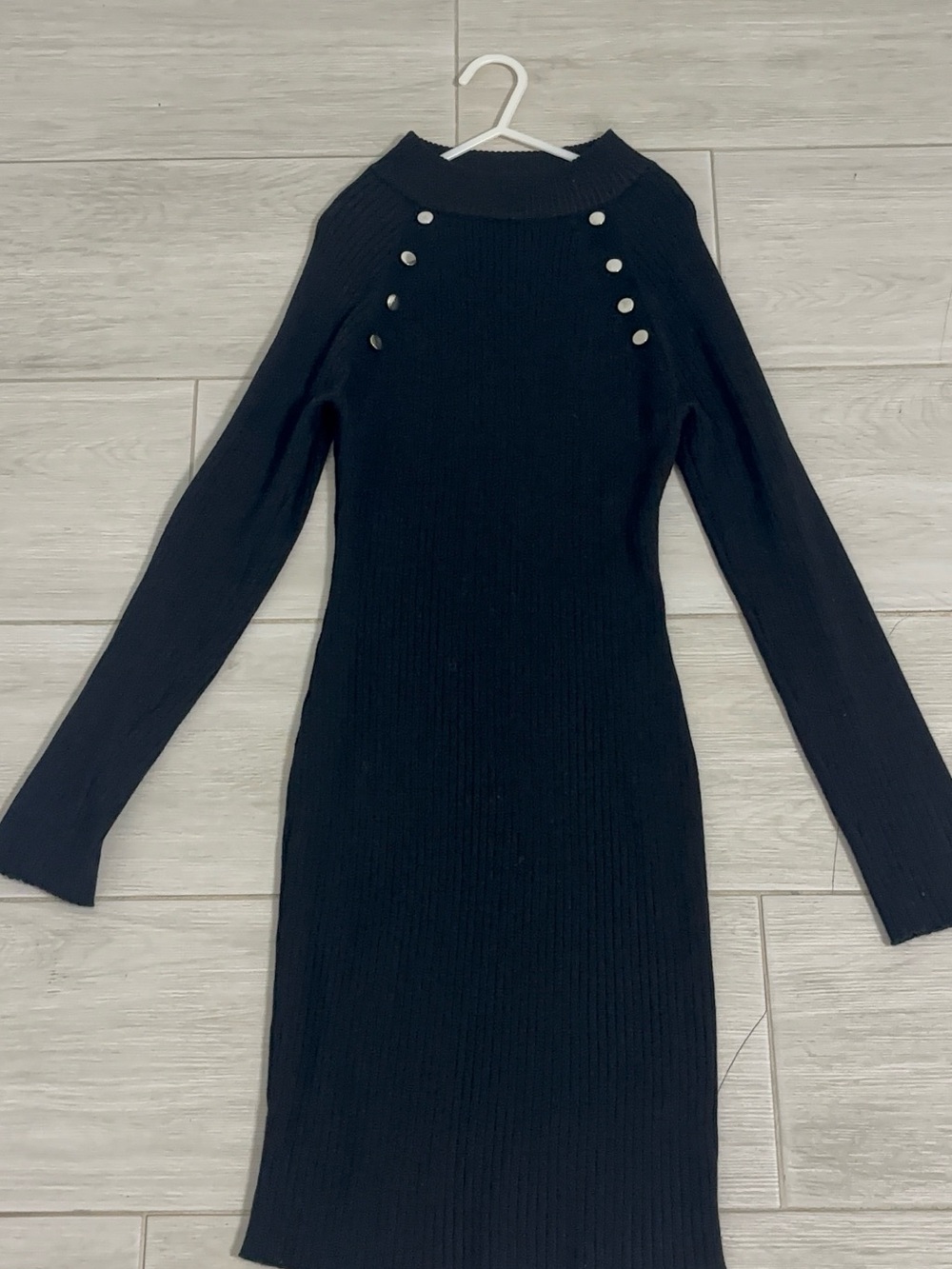 Black Ribbed Long Sleeve Button-Accent Dress